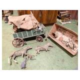 COVERED WAGON AND 2 LEATHER HORSES 1 WHEEL