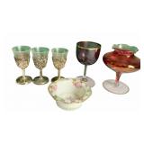 THREE CORDIALS, PURPLE AMYTHEST GLASS AND RUBY