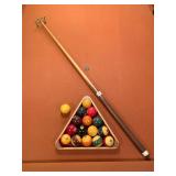 BILLIARD STICK REST, FULL SET OF POOL BALLS, WOOD