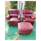 2 RED LEATHER ARMCHAIRS WITH TACK TRIM DETAIL AND