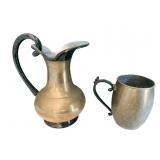 BRASS AND IRON PITCHER AND STEIN HAND CRAFTED