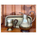 BRASS PITCHER, BRASS STEIN, BRASS TRAY WITH