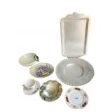 PEWTER PLATE AND HAND PAINTED PLATES, SERVING