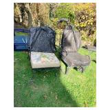 IRON PATIO CHAIRS WITH CUSHIONS, ONE STATIONARY,