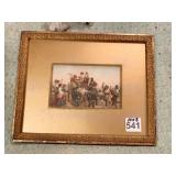 ANTIQUE 10X8 GOLD TONE FRAMED OXEN AND VILLAGE