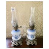 BLUE FLOWER HAND PAINTED OIL LAMP W/ GLASS SHADES
