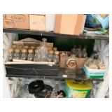 GLASS SYRUP BOTTLES, 4 CINDER BLOCK SQUARES AND