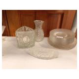 DAISY BUTTON CANOE, VASE, GLASS CAKE PLATES, AVON