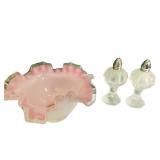 FENTON BOWL AND GLASS CANDLE STICKS