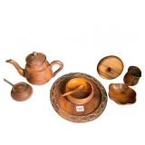 TEAK WOOD TEAPOT, COVERED DISH, CONDIMENT JAR,