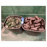 2 SMALL TRASH CANS FILLED WITH AMBER GLASS BOTTLE