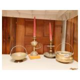 BRASS BASKETS AND CANDLE STICKS