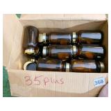 35 PLUS AMBER GLASS BOTTLES WITH LIDS, 5X2.5