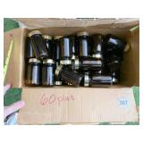 60 PLUS AMBER GLASS BOTTLES WITH LIDS, 3X1.5