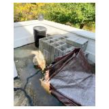 STACK OF 30+ CINDER BLOCKS, GALVANIZED TRASH CAN