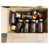 35 PLUS AMBER GLASS BOTTLES WITH LIDS, 5X2.5