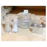 CUT GLASS SALT/PEPPER SHAKERS, CREAMER AND OTHER