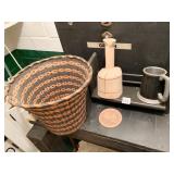PEWTER STEIN, WASTEPAPER BASKET, WOOD MASHER, H