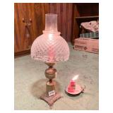 BRASS CANDLE LAMP WITH GLASS SHADE AND BRASS