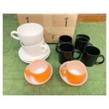 FIRE KING ORANGE MUGS AND BOWLS, LARGE WHITE