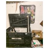 HEAVY WOOD HAND MADE BOX, LUMBER CRAYONS, BOOKS