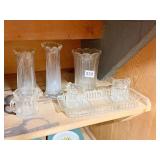 2 CLEAR GLASS SLUNG VASES CELERY GLASS TRAYS