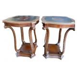 CARVED LEG LEATHER TOP TABLE W/ LOWER SHELF FEW