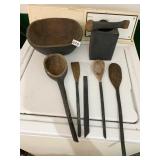 WOOD BOWL, WOOD UTENSILS, WOOD MORTAR AND PESTLE