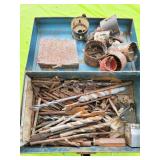 METAL TOOLBOX WITH DRILL BITS AND WHOLE SAWS