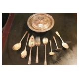 LOT OF MISC. SPOONS, FORKS, PIE SERVER AND