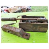 ANTIQUE BOX WITH SPRINGS, SOLDERING IRON, DRILL.