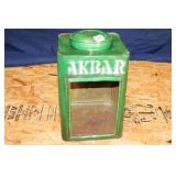 ANTIQUE GREEN METAL AKBAR CAN. MISSING GLASS