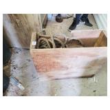 ANTIQUE WOOD BOX. WITH APPROX. 50 FT OF ROPE.