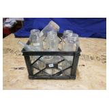 BROWN MILK CRATE WITH 13 MASON JARS AND 1