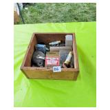 MISCELLANEOUS TOOLS IN WOODEN BOX, CHALK LINE,