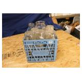 BLUE MILK CRATE WITH 17 MASON JARS