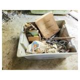 PLASTIC BIN WITH MISCELLANEOUS ITEMS: SANDPAPER,