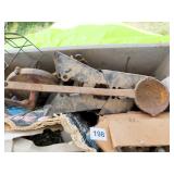 BOX OF MISCELLANEOUS TOOLS, SAWHORSE, DRILL,