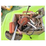 VINTAGE BOX WITH MISCELLANEOUS TOOLS, HAMMER HAND
