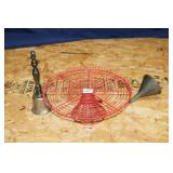 LOT OF 3. ANTIQUE FUNNEL, RED CAKE STAND, AND