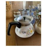 CORNING COFFEE POT, NOTRE DAME & NAVY GLASSES,