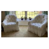 TUFTED BACK AND SEAT WHITE ARMCHAIRS W/ SKIRT ON