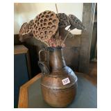 HAND PEENED COPPER VESSEL WITH DRIED FLOWERS AND