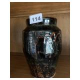BROWN, GRAY GLAZED POT RAISED DESIGN 8IN H SIGNED