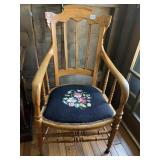 ANTIQUE NEEDLE POINT SEAT CURVED ARMCHAIR 40IN H
