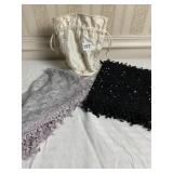 2 SCARVES WITH LACE DANGLES AND 1 NICE BAG
