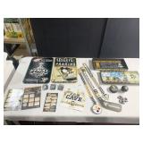 PENGUINS PLASTIC PARKING SIGNS, PINS, CLOCK,