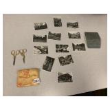 GOLD TONE CRANE SCISSORS AND VINTAGE POST CARDS