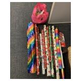 WRAPPING PAPER, SOME NEW, BAG OF RIBBON, BOWS,