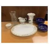 MEITO CHINA PLATTER, LAURA ASHLEY VASE, BLUE